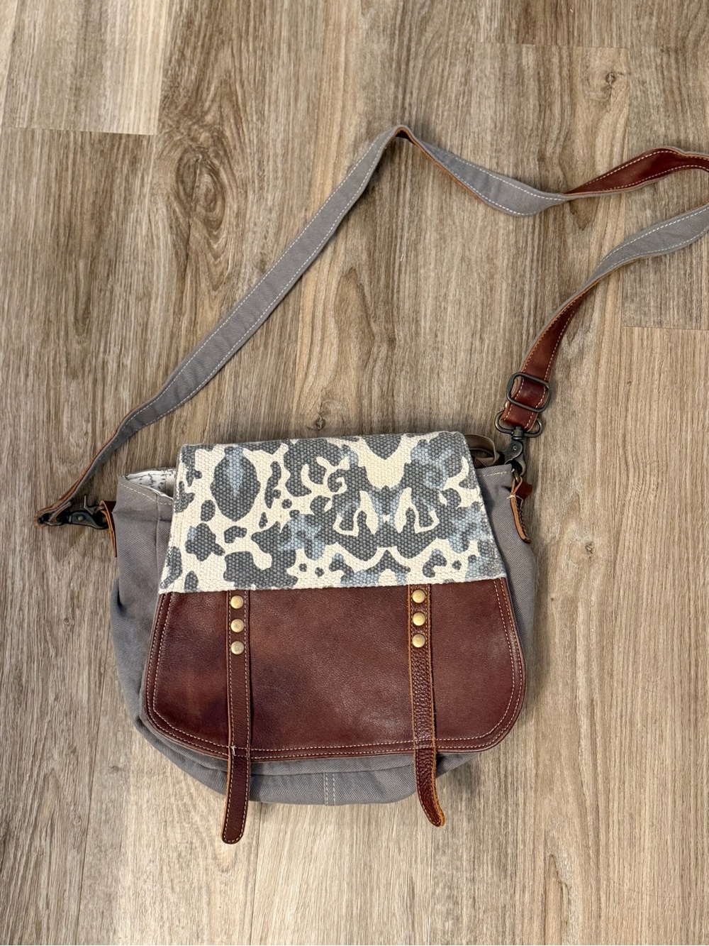 Myra Gray Canvas Crossbody Bag with Patterned Flap